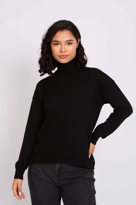 Women Pullover High Neck Black Seamless Knit Pullover