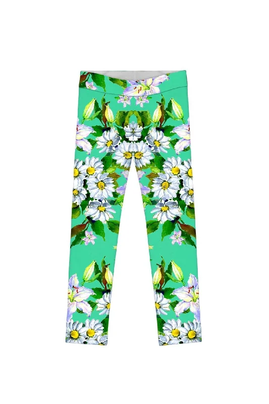 Flower Party Lucy Cute Green Printed Stretch Leggings - Girls Comfortable Tummy Shaping Leggings