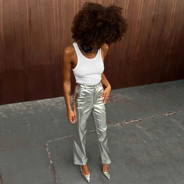 Silver Vegan Leather Trouser Trousers Yoga Stretchy