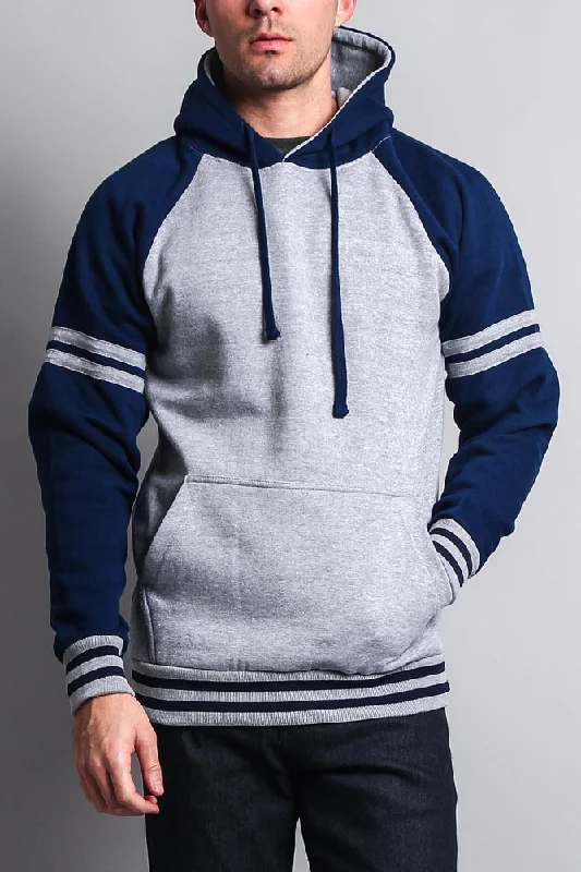 Men's Contrast Raglan Striped Sleeve Pullover Hoodie Turtleneck Warm Pullover