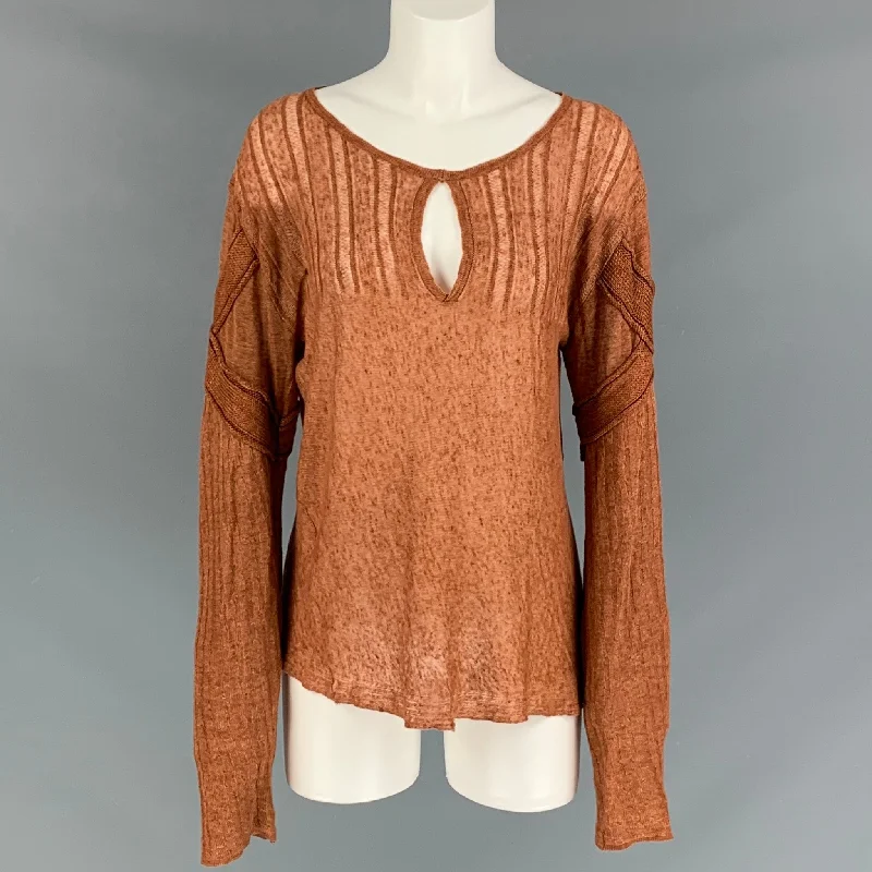 JUST CAVALLI Size M Rust Textured Linen Long Sleeve Pullover - Womens Seamless Knit Pullover