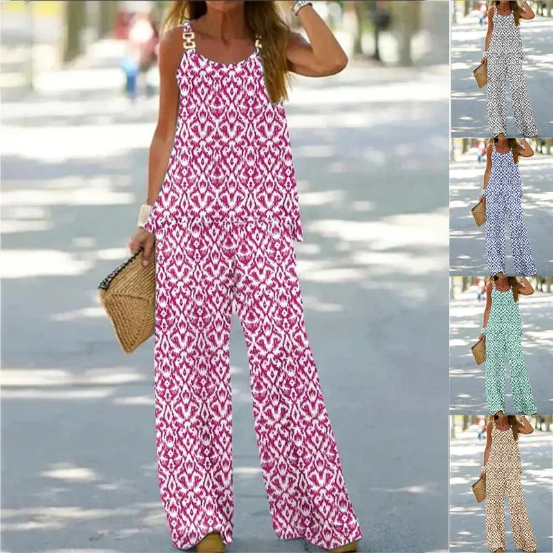 Women's Fashion Casual Printing Inner Top Loose Trousers Two-piece Set Trousers Silk Elegant