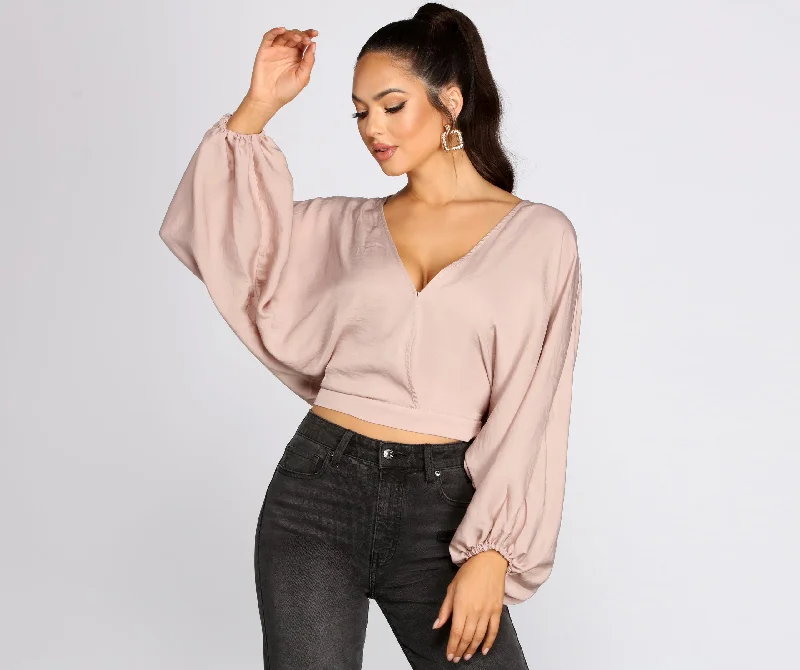 Go With The Flow Surplice Crop Top Satin Blend Silk Blend Wool Blend