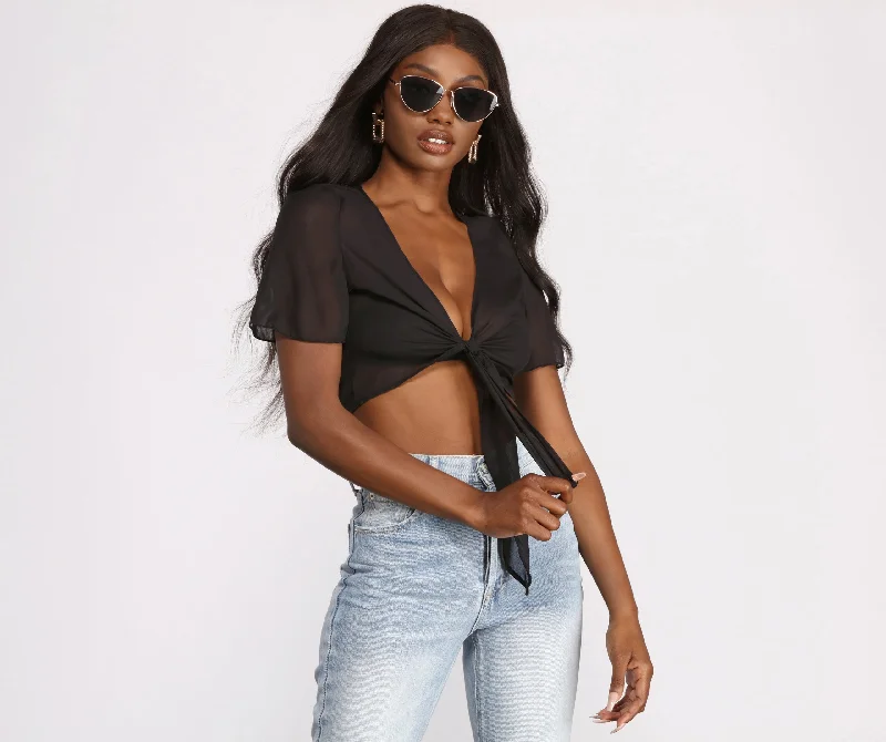 Chiffon Cap Sleeve Tie Front Crop Top Ribbed Crop Top High Neck Heavyweight