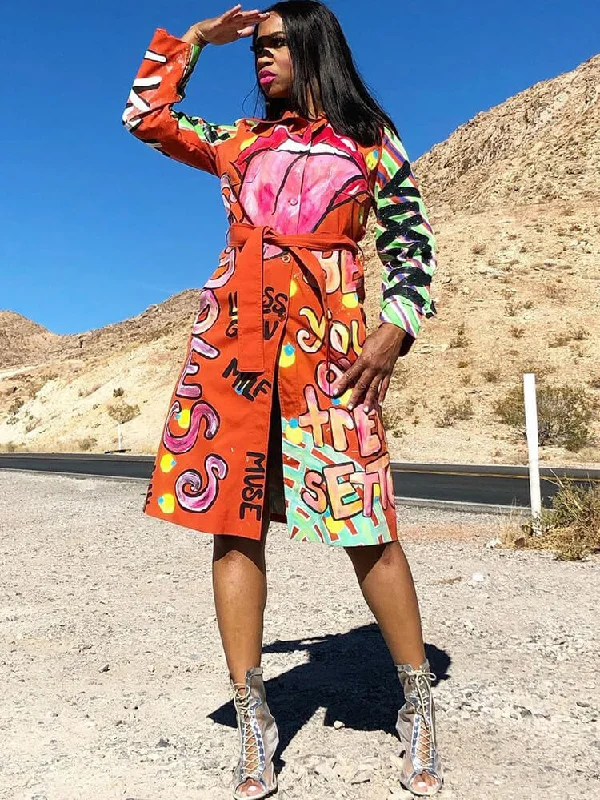 Long Sleeve  Graffiti Button Down Long Coats Jersey Tulle Batik