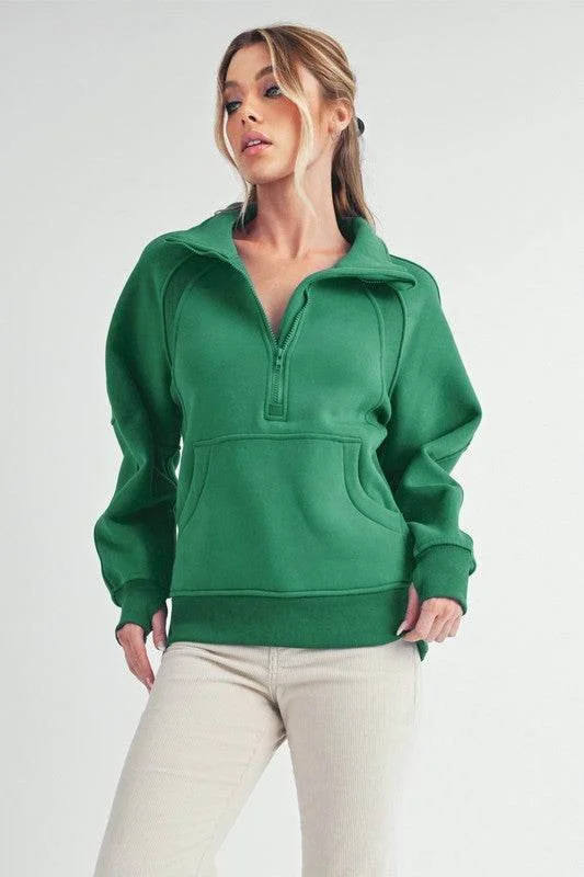 Aemi + Co Half Zip Raglan Sleeve Sweatshirt with Kangaroo Pocket in Lily Pad Hoodie with Slim Fit Tailored Modern Aemi + Co Half Zip Raglan Sleeve Sweatshirt with Kangaroo Pocket in Lily Pad Hoodie with Slim Fit Tailored Modern