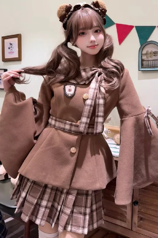 [Chestnut Sea Salt] Long Trumpet Sleeves Print Ruffle Bowknot Sweet Elegant Lolita Skirt Coat 2 Colors Front Pockets Side Pockets Patch Pockets