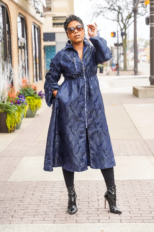 Blue Camo Zipper Coat Front Pockets Side Pockets Patch Pockets