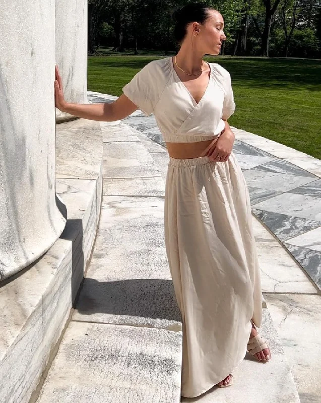 MEROKEETY V Neck Crop Top Maxi Skirt Set Spandex Blend Rayon Blend Denim Blend