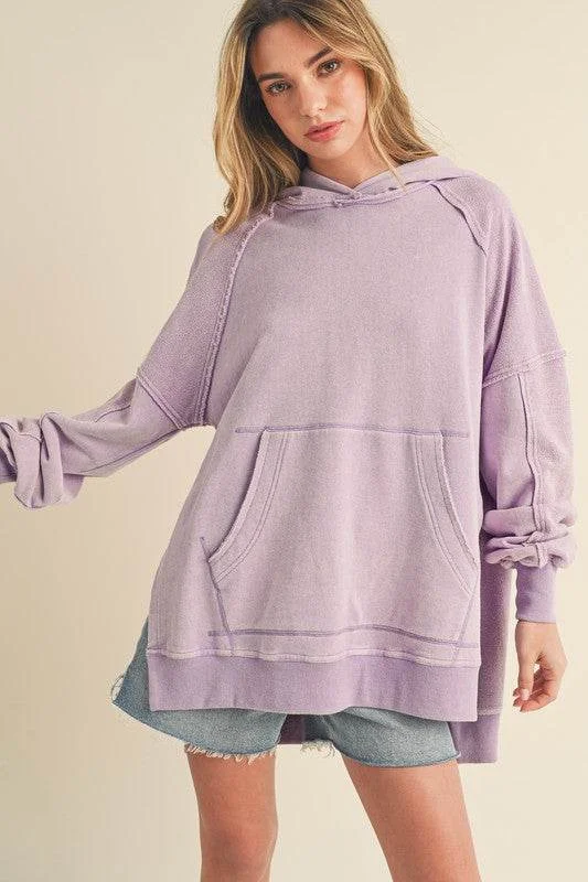 Aemi + Co Exposed Seam Side Slit Hoodie with Kangaroo Pocket in Lilac Hoodie with Oversized Fit Loose Comfortable Aemi + Co Exposed Seam Side Slit Hoodie with Kangaroo Pocket in Lilac Hoodie with Oversized Fit Loose Comfortable