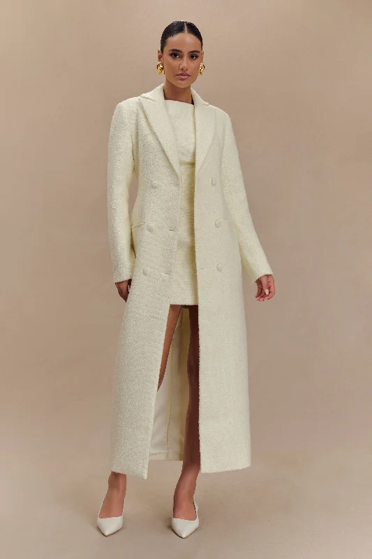 Carver Boucle Coat - Ivory Hook-and-Loop Buckled Tied