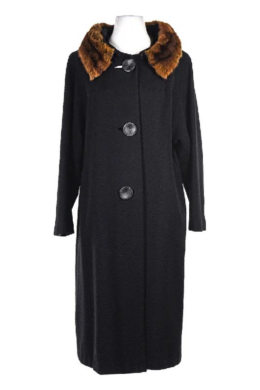 Black Coat with fur collar Cotton Linen Terry