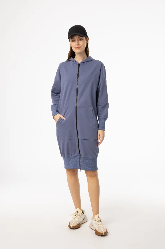 Blue Zipper Sweatshirt Dress Hoodie with Thumb Holes Functional Cozy