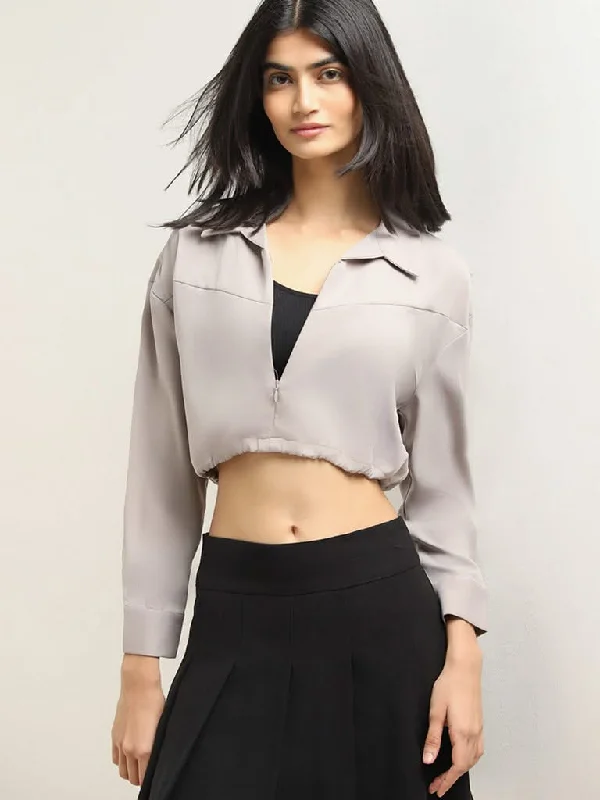 Nuon Plain Grey Cotton Crop Top Silk Blend Satin Velvet