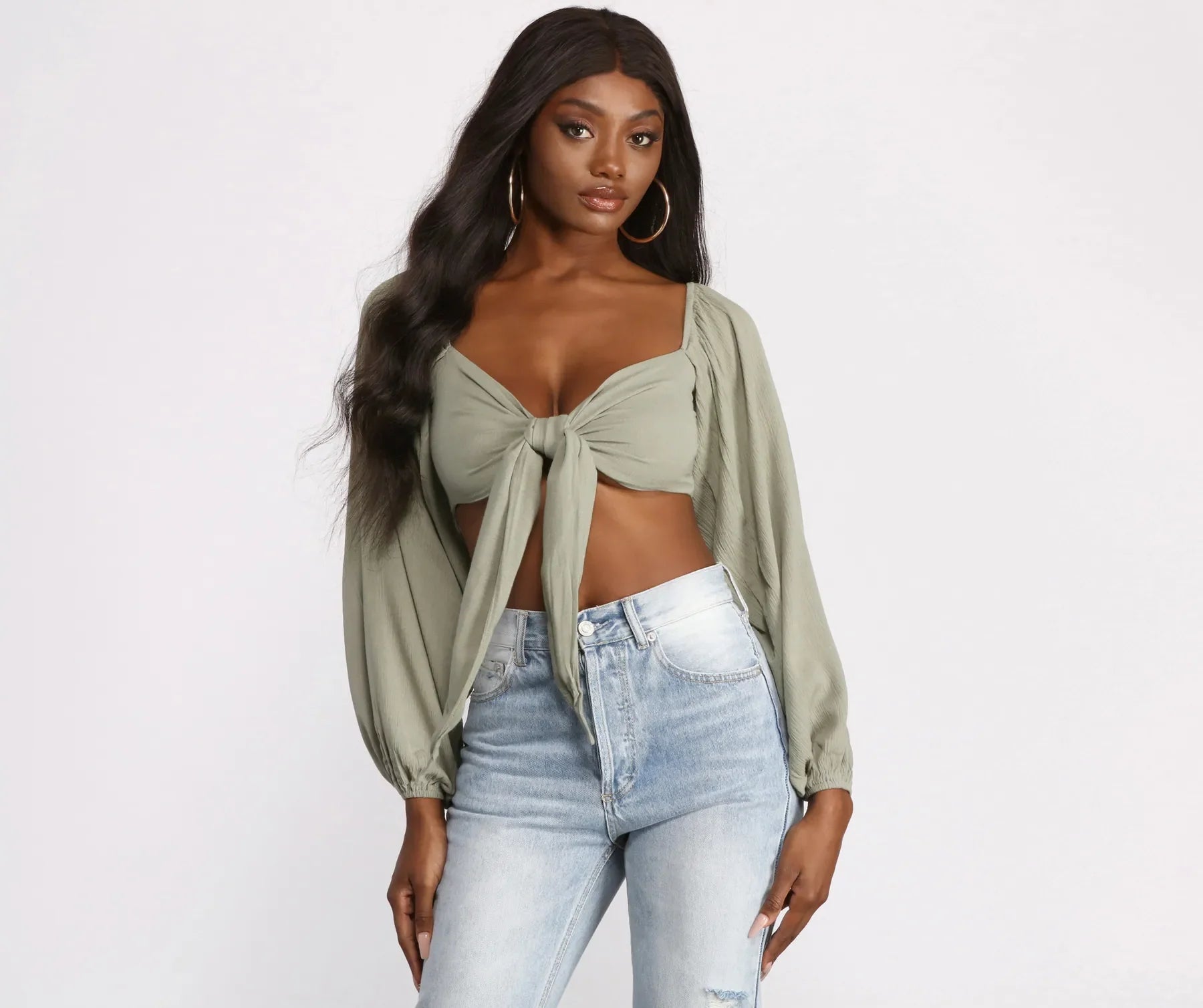 Long Sleeve Gauze Tie Front Crop Top Knit Fabric Woven Fabric Fleece Fabric