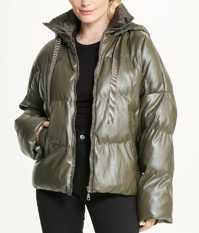 Vegan Leather Puffer Coat Welt Pockets Slit Pockets Flap Pockets