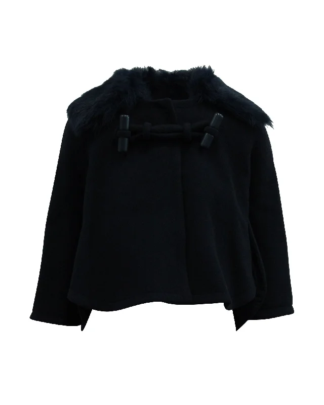 Chloe Short Coat with Fur Collar in Navy Blue Wool Knit Woven Fleece