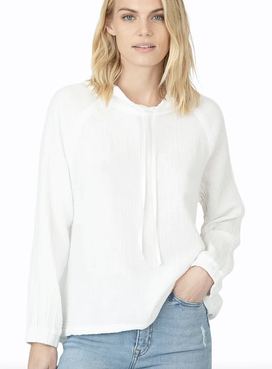 Dylan Slub Double Weave Raglan Pullover White Thin Wool Pullover