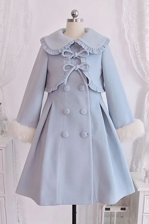 Blue Double Breasted Bowknot Plush Long Sleeves Fake Two-Piece Woolen Lolita Coat Stand-Up Roll-Neck Turtle