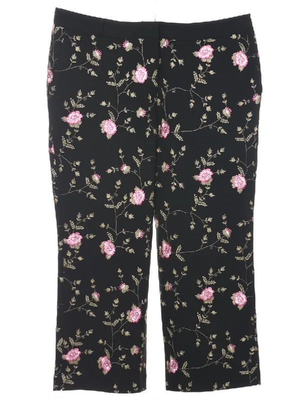 Embroidered Floral Trousers - W36 L24 Wide Leg Loose Fit Mid Waist