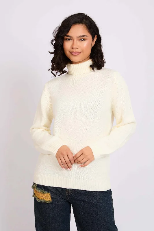 Women Pullover Loose Fit High NeckOff White Gathered Sleeve Pullover