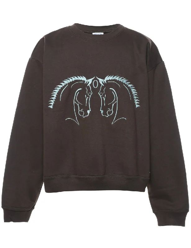 Brown & Light Blue Horse Print Animal Sweatshirt - M Cotton Hoodie Fleece Lining Warmth Brown & Light Blue Horse Print Animal Sweatshirt - M Cotton Hoodie Fleece Lining Warmth