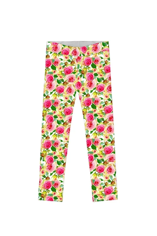 Little Rosarium Lucy Cute Rose Flower Print Leggings - Girls Stylish Sporty Performance Leggings