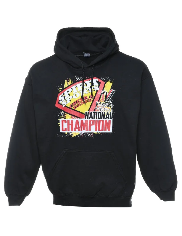 Black National Championship Printed Hoodie - L Hoodie with Hem Fringe Bohemian Relaxed Black National Championship Printed Hoodie - L Hoodie with Hem Fringe Bohemian Relaxed