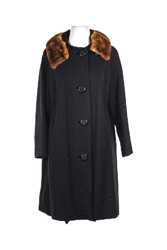Black Coat with fur collar Satin Silk Chiffon