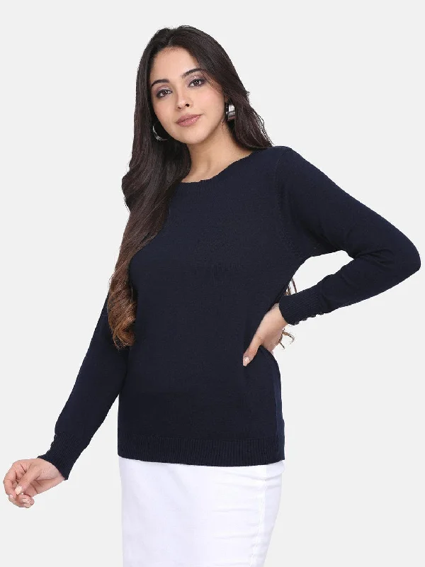 Cotton Pullover - Navy Blue Ruffle Neck Pullover