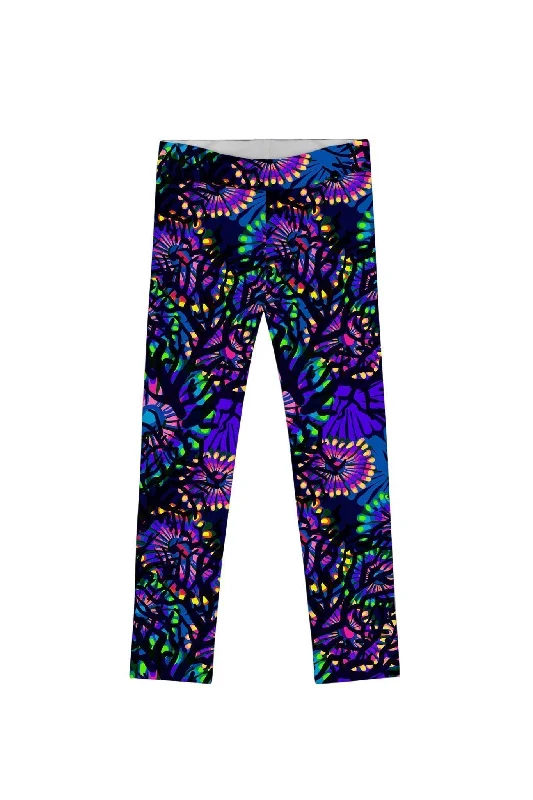 Midnight Glow Lucy Cute Purple Floral Print Leggings - Girls Trendy Seamless Sports Leggings