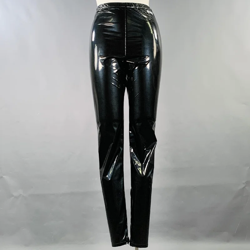 MSGM Size 10 Black Polyester Blend Faux Patent Leather Elastic Waistband Leggings Fashionable Full-Length Active Leggings