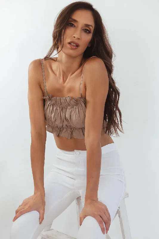 Heartless Open Back Crop Top - Taupe Ribbed Striped Patterned