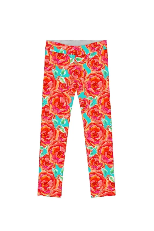 Oh So Sassy Lucy Cute Orange Floral Printed Leggings - Girls Comfortable Slip-On Compression Leggings