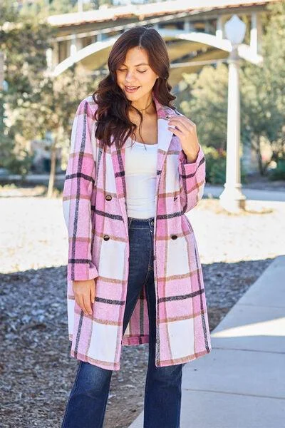 Full Size Plaid Button Up Coat Crew Neck V-Neck Boat Neck