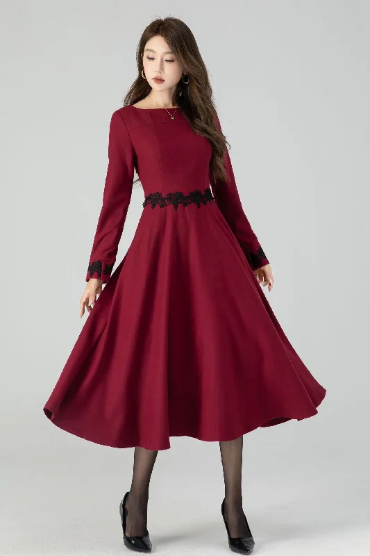 Burgundy midi winter wool dress with lace details 4544 Trendy Shift Midi Dress