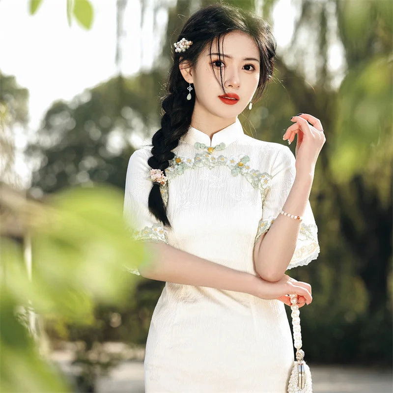 Elastic Lace Round Collar Midi Cheongsam Dress for Young Girls Fashionable Pencil Midi Dress