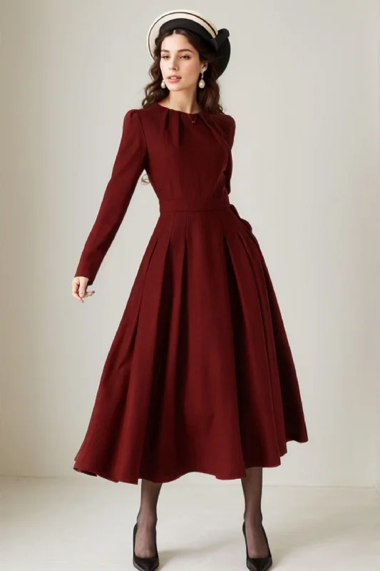 Fit and Flare Midi Wool Dress 5229 Elegant Lace Trim Midi Dress