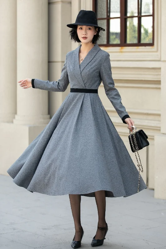 Fit and flare midi wool dress women 5457 Elegant Puff Sleeve Midi Dress