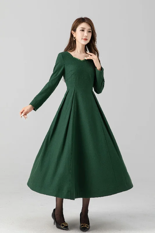Green fit and flare midi wool dress women 4670 Trendy Knit Midi Dress