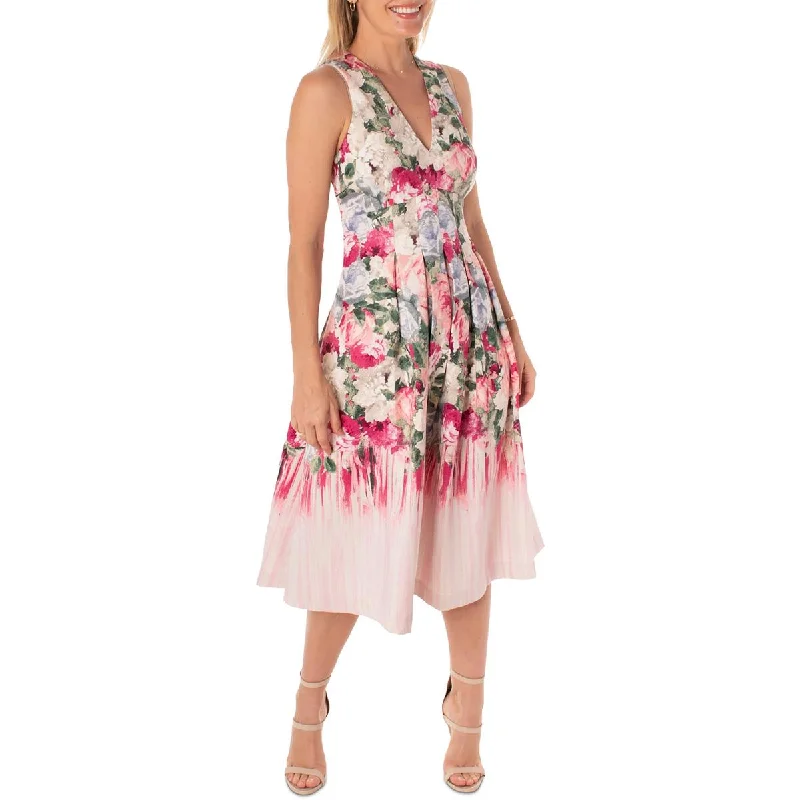 Maison Tara Womens Pleated Midi Fit & Flare Dress Comfortable Short Sleeve Midi Dress