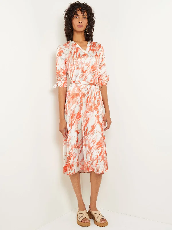 Midi A-Line Dress - V-Neck Print Crepe de Chine Elegant Satin Button Midi Dress
