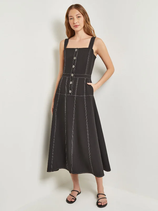 Midi Fit & Flare Dress - Button Front Woven Stylish Wraparound Midi Dress