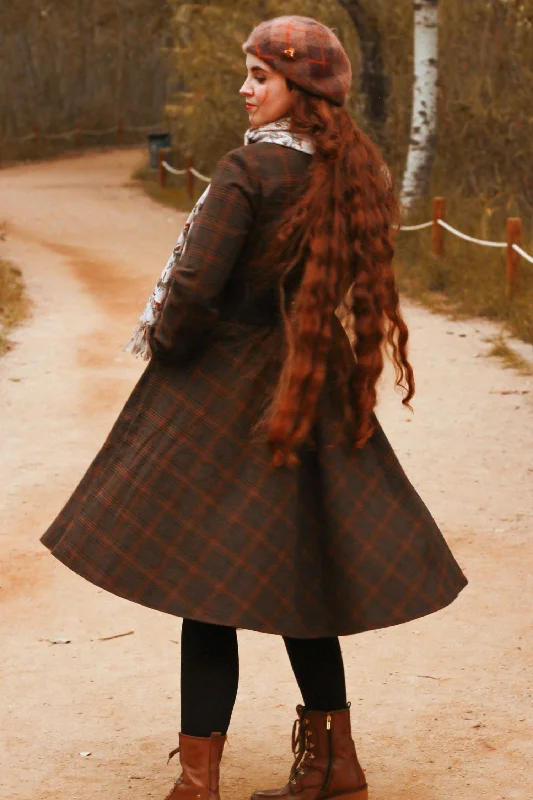 Midi Plaid Swing wool Dress Women 4740 Fashionable Sheer Sleeve Midi Dress