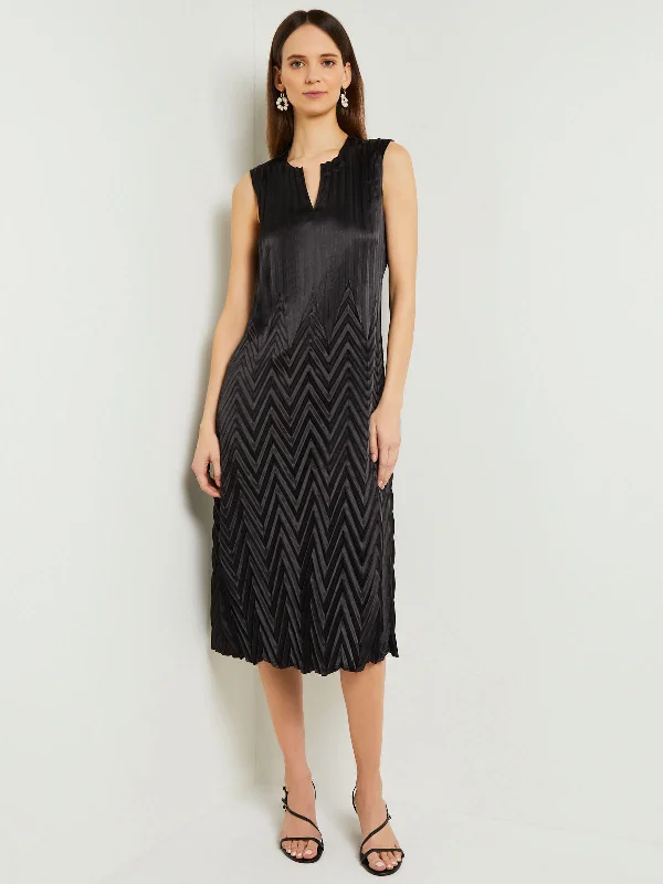 Midi Sheath Dress - Chevron Textured Crepe De Chine Fashionable High-Low Midi Dress