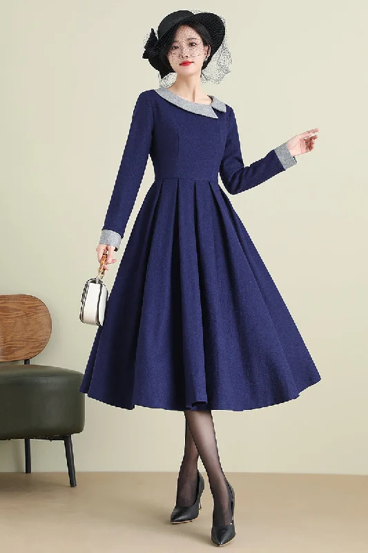 Navy Blue Midi Wool Dress 3894 Trendy Square Neck Midi Dress