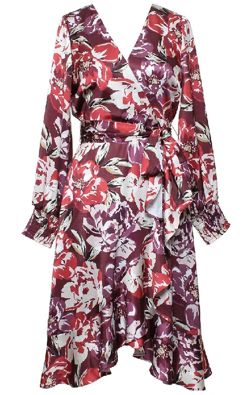 PRINTED MIDI SURPLICE DRESS W RUFFLE HEM Comfortable Wrap Midi Dress