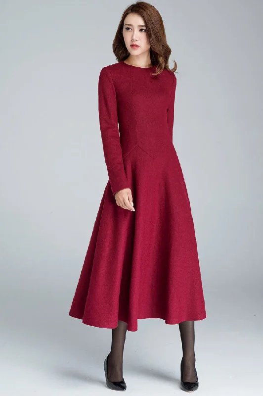 Red Midi winter Wool dress women 1618 Cozy Wide Strap Midi Dress