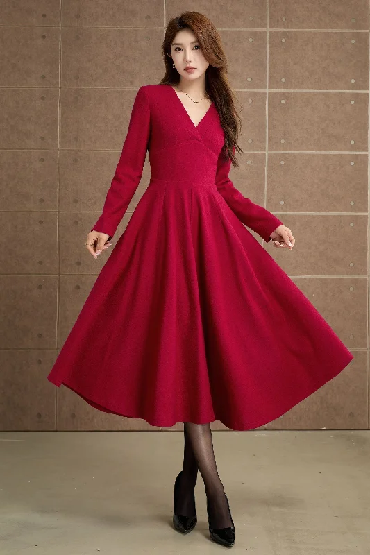 Red V neck prom midi wool dress 5357 Comfortable Deep V Midi Dress