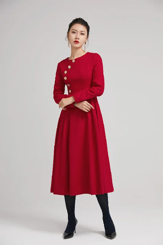 red warm winter midi pleated dress with button 2234 Stylish Wraparound Midi Dress